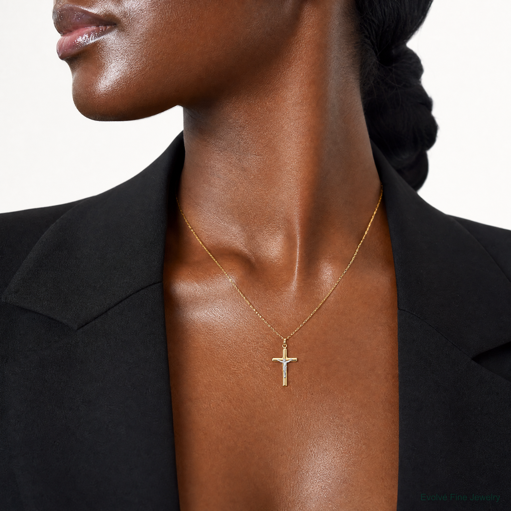 14k with White Rhodium Polished Hollow Crucifix Charm - Model Shot