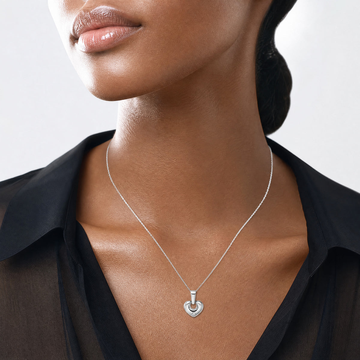 14k White Gold 3D CZ Heart Pendant - Model Shot