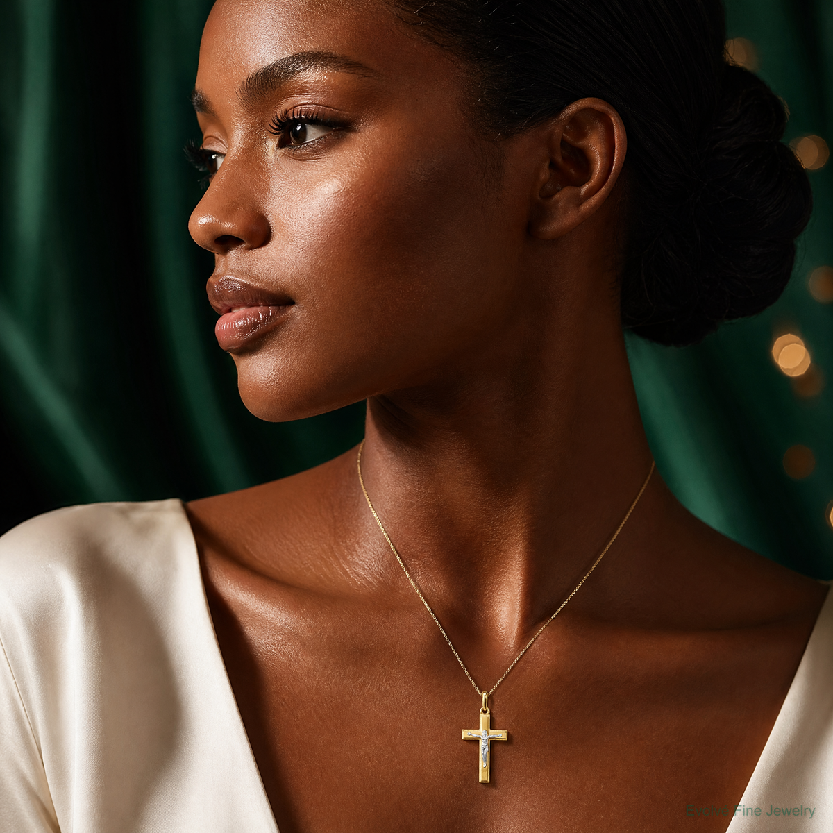 14K Two-tone Crucifix Pendant - Model Shot