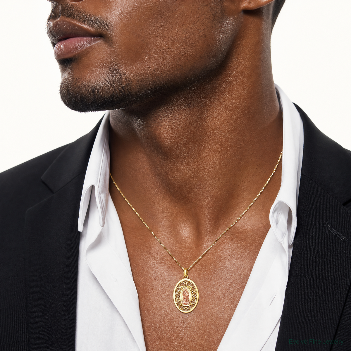 14K Two-tone Our Lady of Guadalupe Pendant - Model Shot