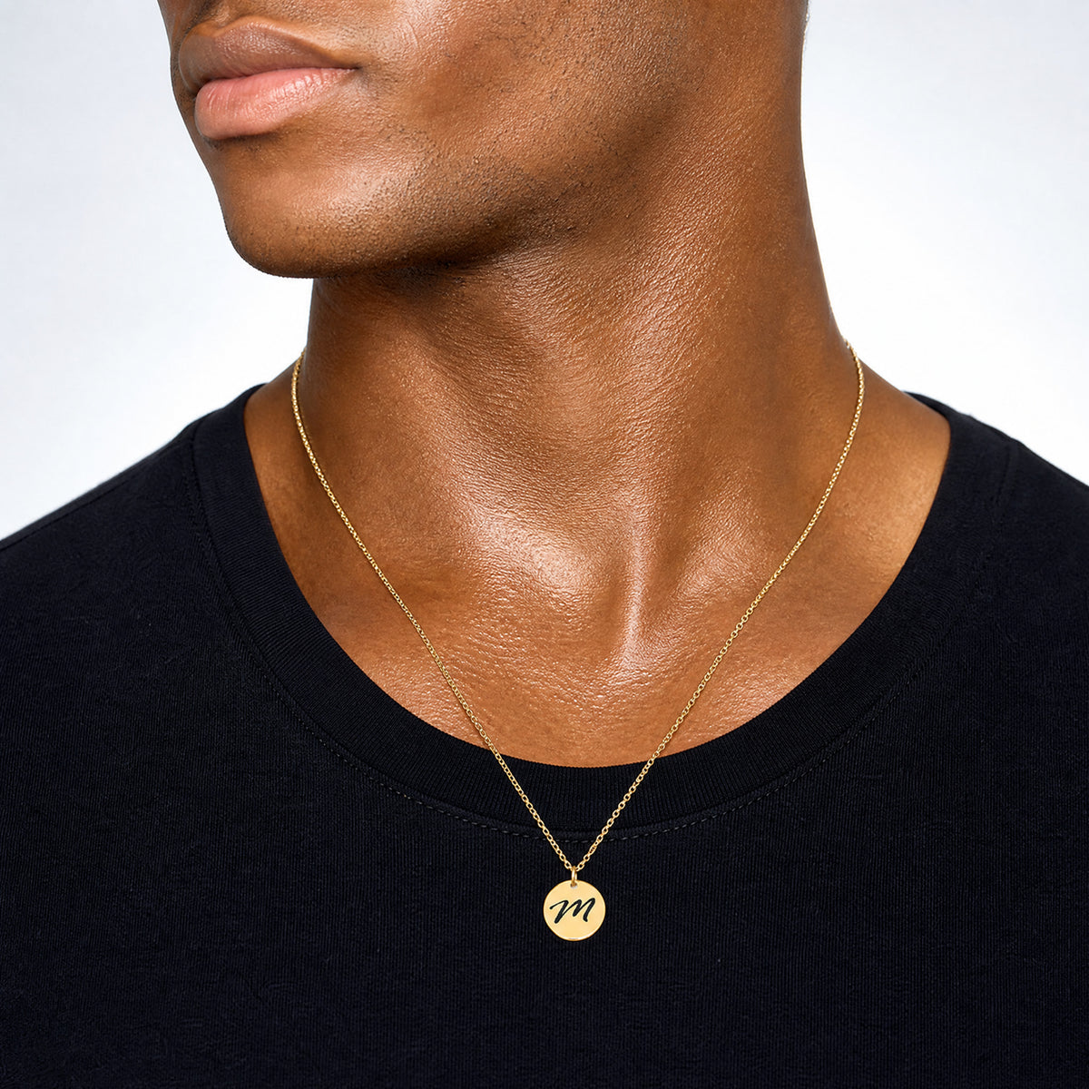 14k Polished Black Enamel Letter M Initial Disk Charm - Model Shot