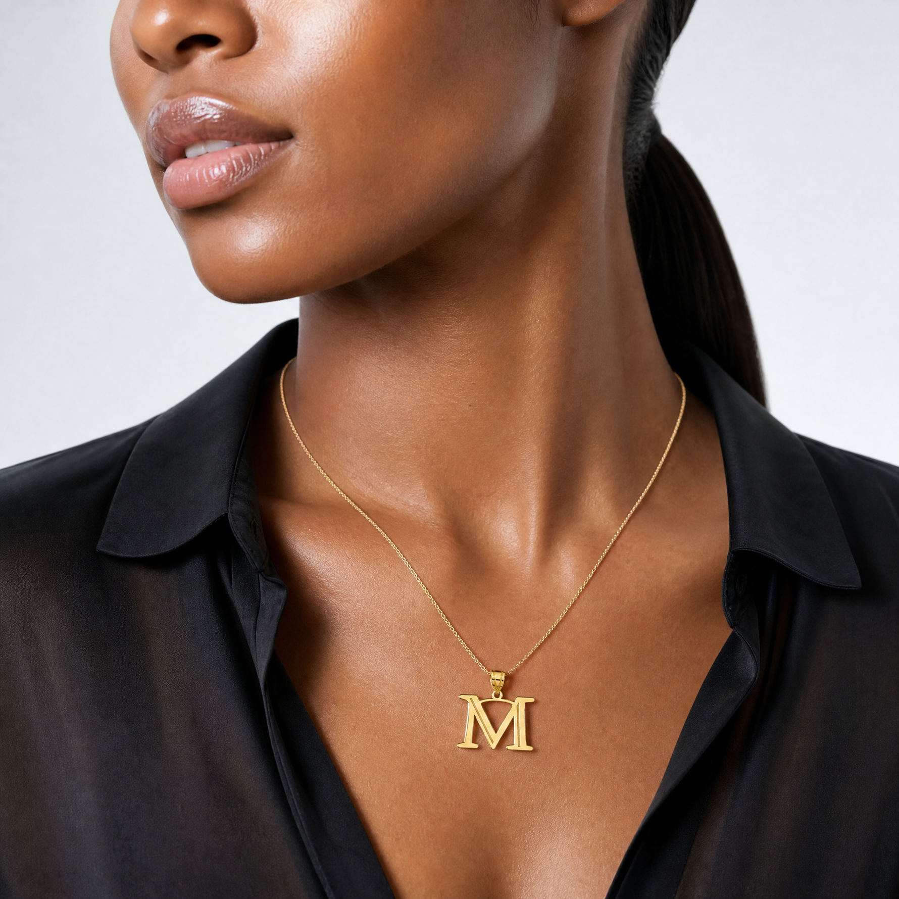 14k Polished Etched Letter M Initial Pendant - Model Shot