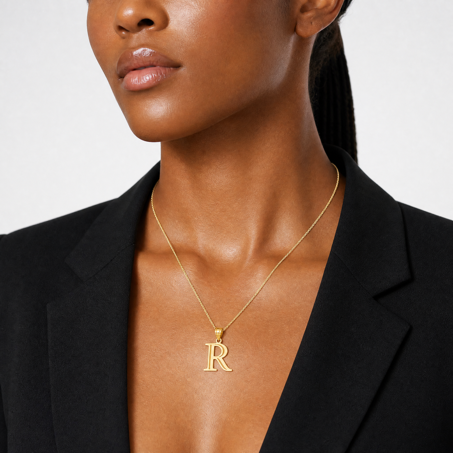 14k Polished Etched Letter R Initial Pendant - Model Shot