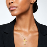 14k Polished Etched Letter T Initial Pendant - Model Shot