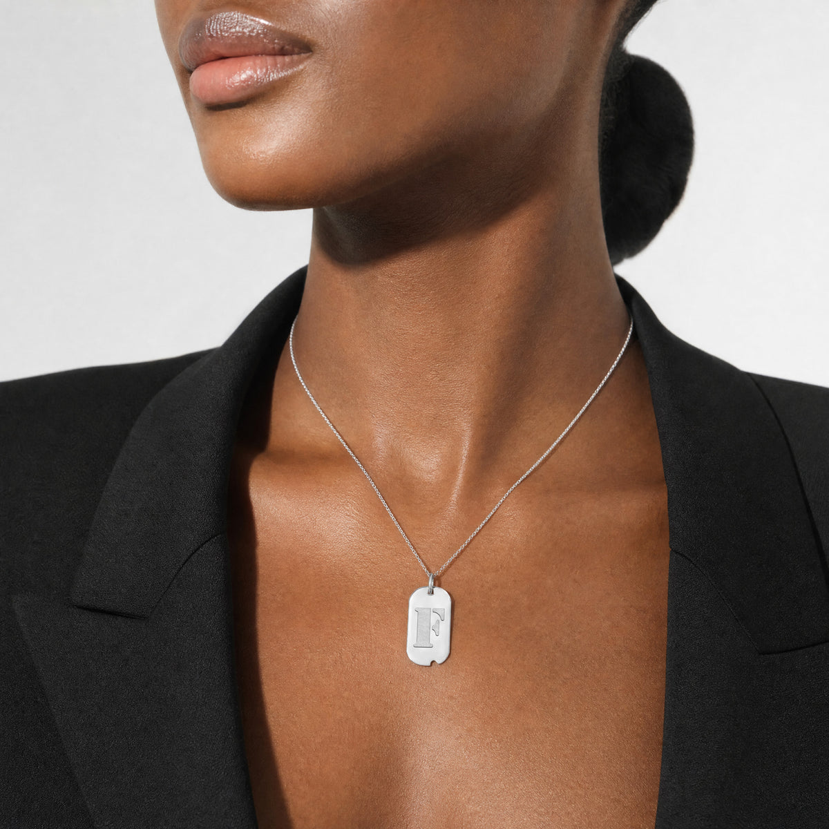 14kw Polished Letter F Initial Dog Tag Pendant - Model Shot