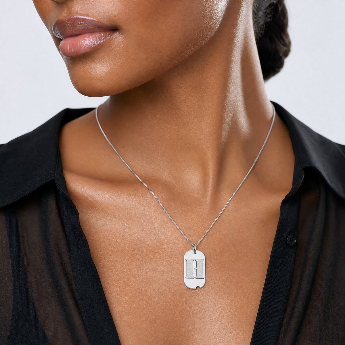 14kw Polished Letter H Initial Dog Tag Pendant - Model Shot