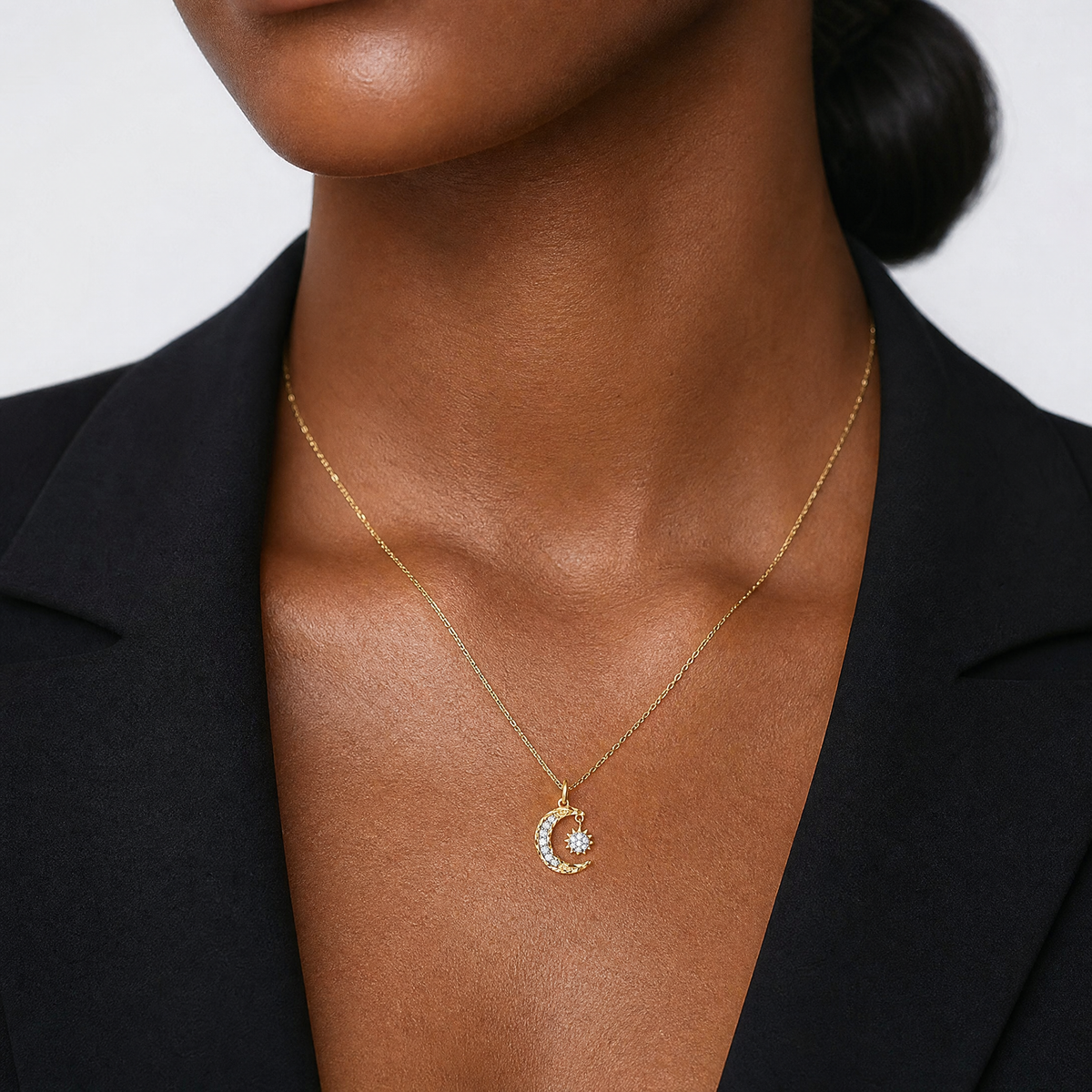14k CZ Diamond-cut Moon and Star Pendant - Model Shot