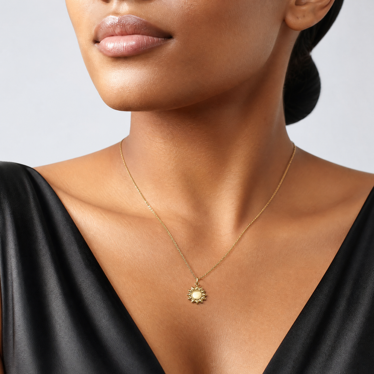 14k Polished Puffed Sun Pendant - Model Shot