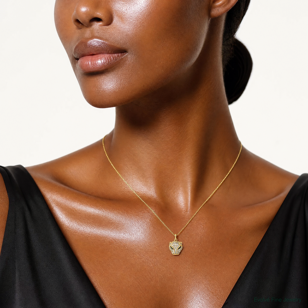14K Polished Green & White CZ Lioness Head Pendant - Model Shot