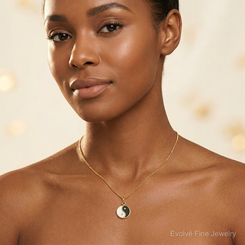 14K Polished Black/White Enamel Yin and Yang Pendant - Model Shot