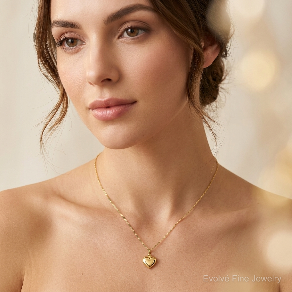 14k Polished Puffed Heart Pendant - Model Shot