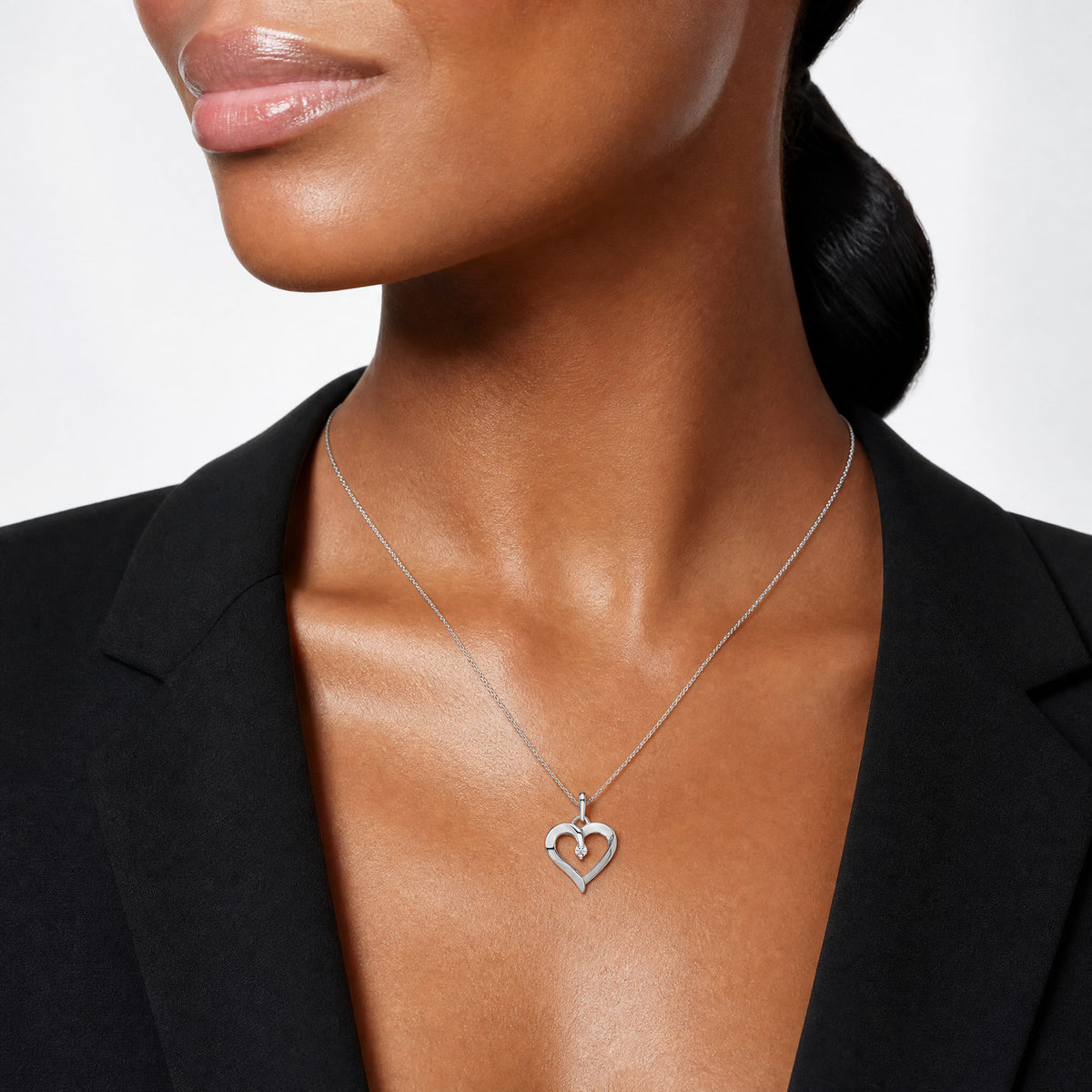 14k White Gold CZ Heart Pendant - Model Shot