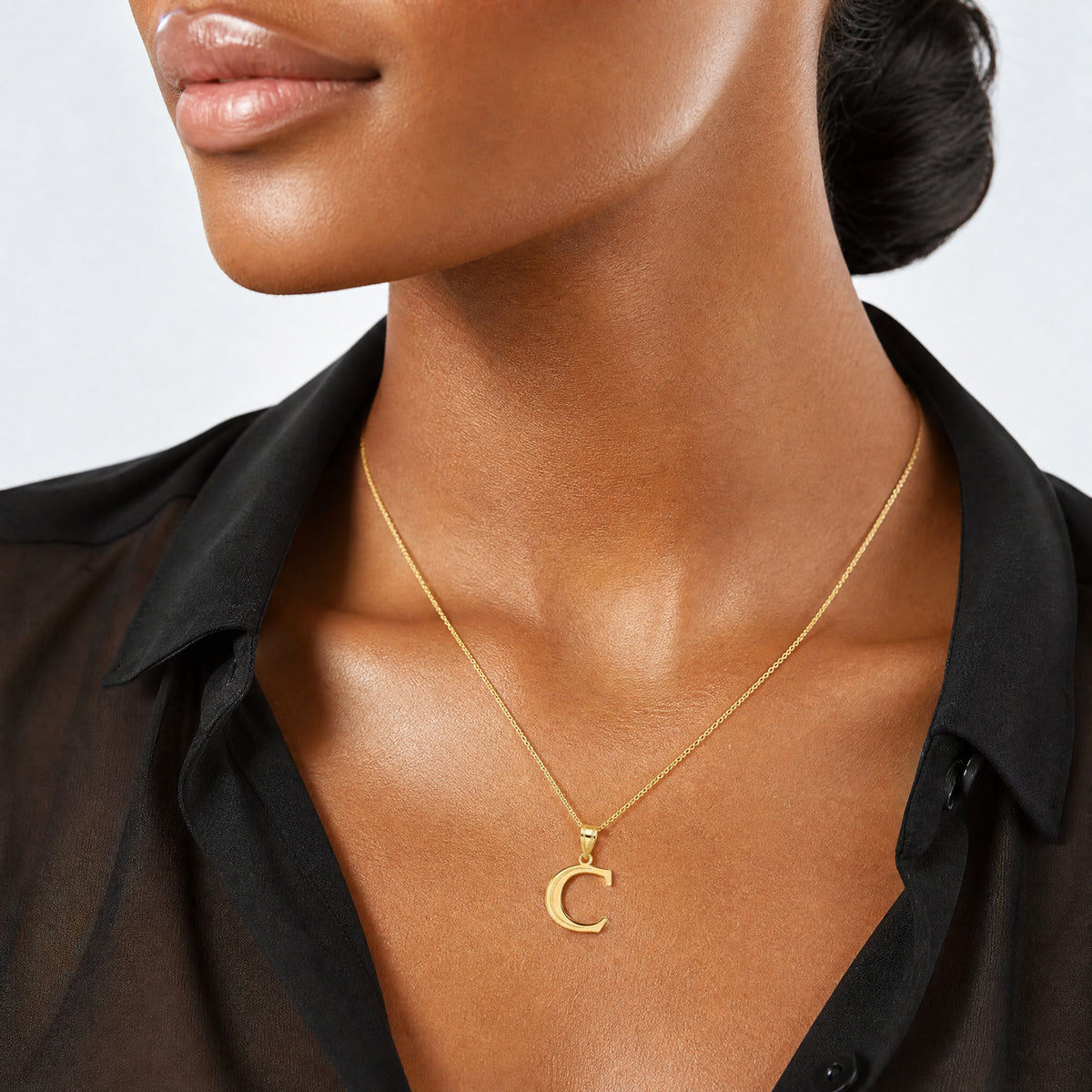 14k Polished Etched Letter C Initial Pendant - Model Shot