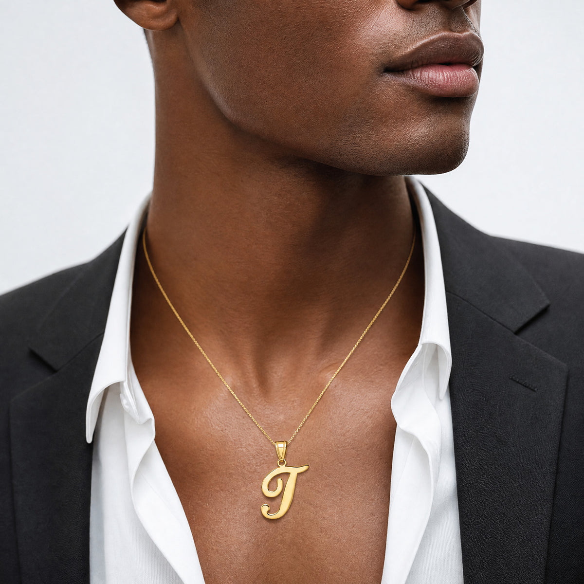 14K Script Letter T Initial Pendant - Model Shot