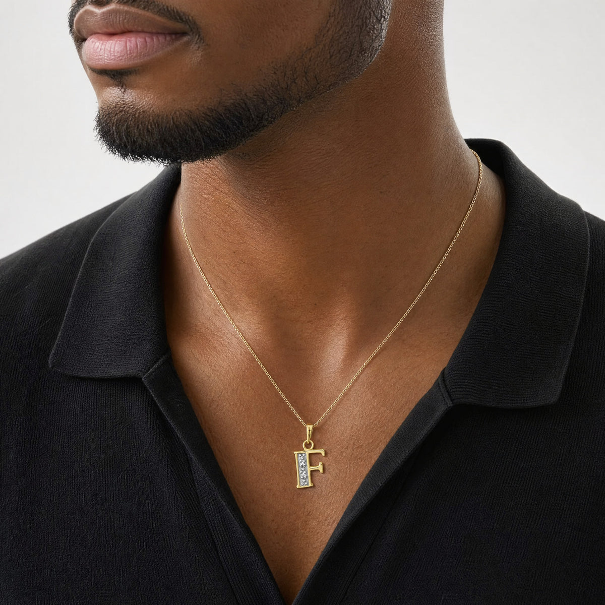 14K with Rhodium Diamond Letter F Initial Pendant - Model Shot