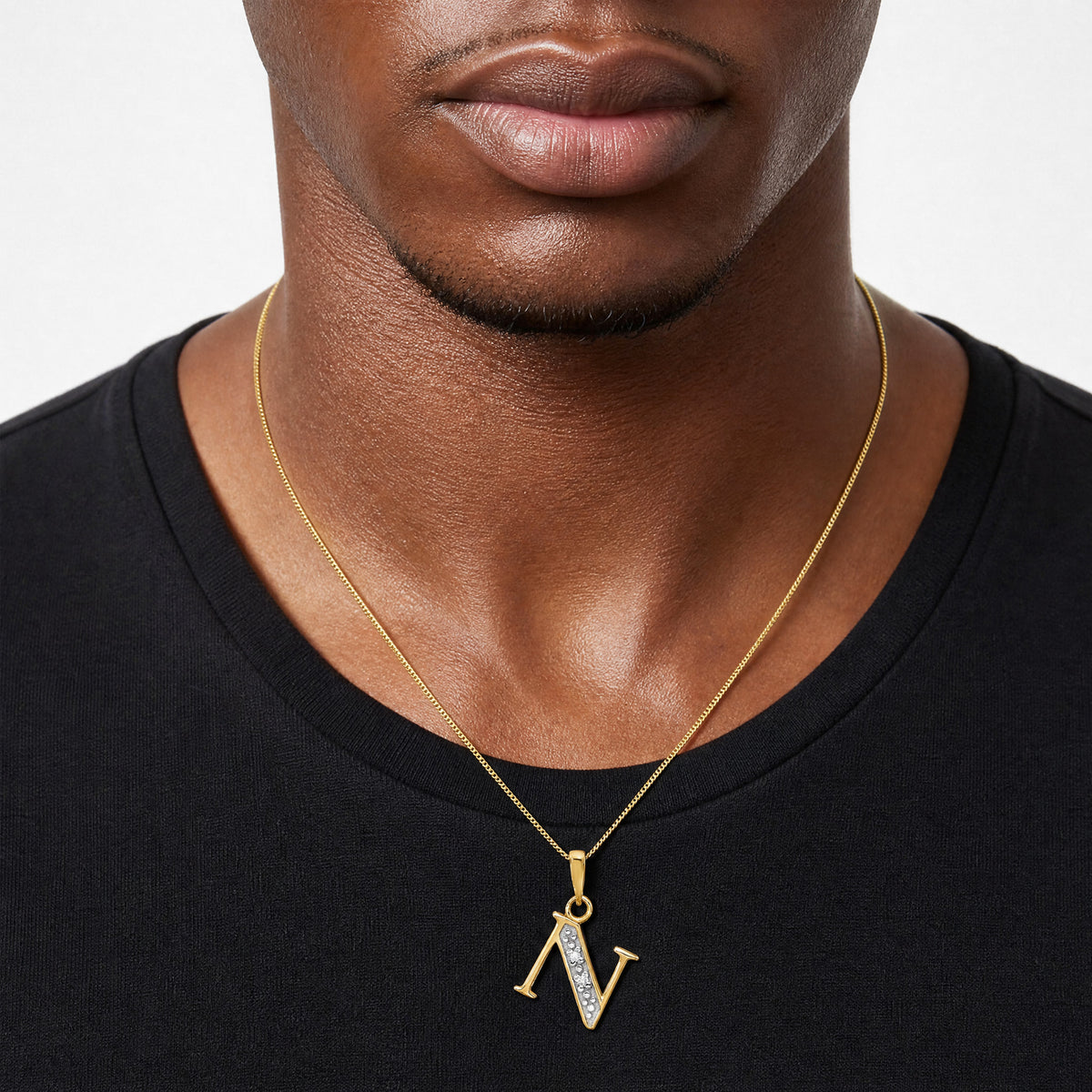 14K with Rhodium Diamond Letter N Initial Pendant - Model Shot