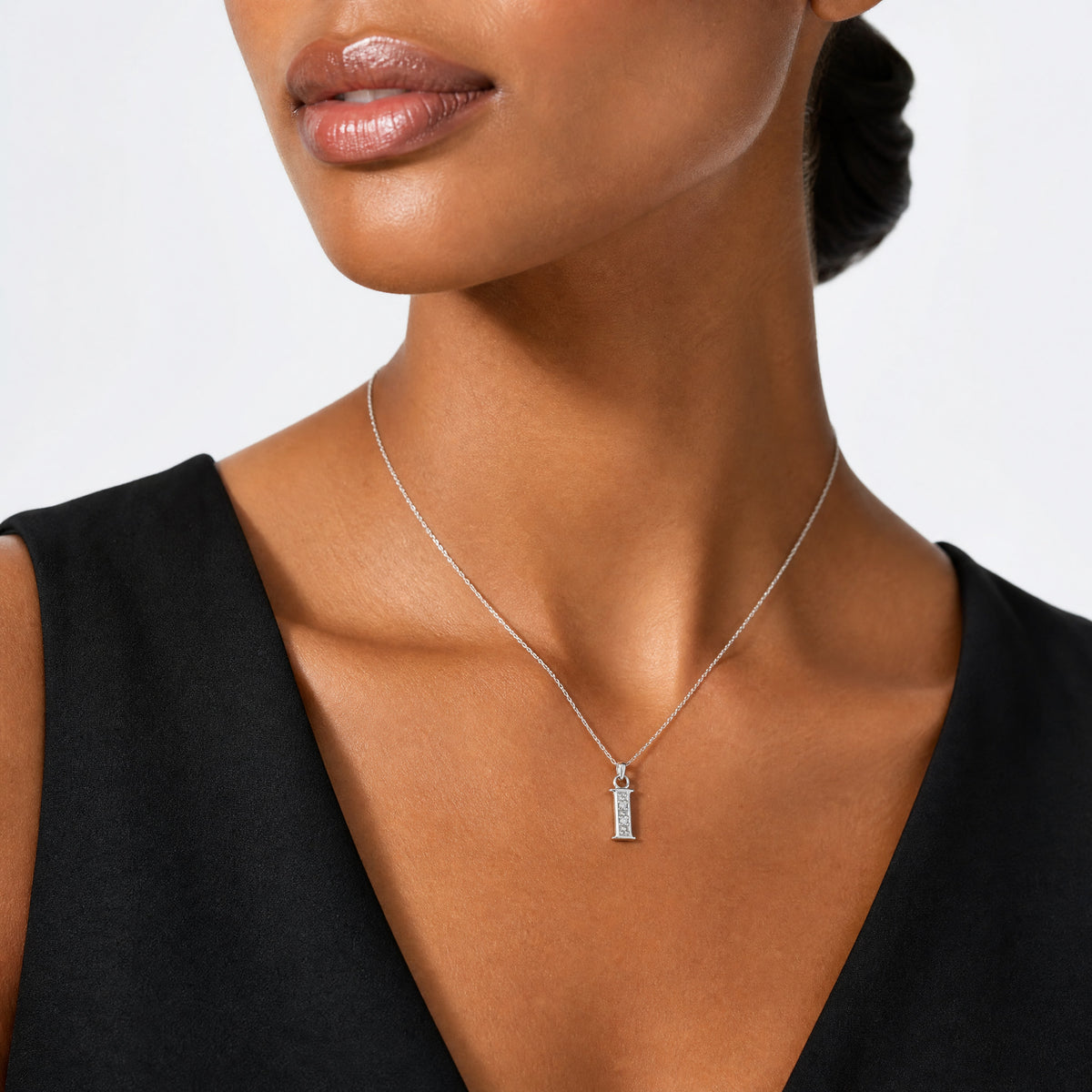 14K White Gold Diamond Letter I Initial Pendant - Model Shot