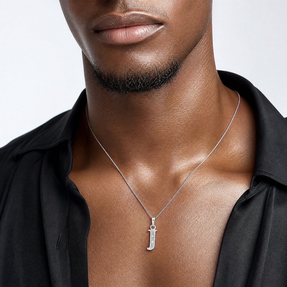 14K White Gold Diamond Letter J Initial Pendant - Model Shot