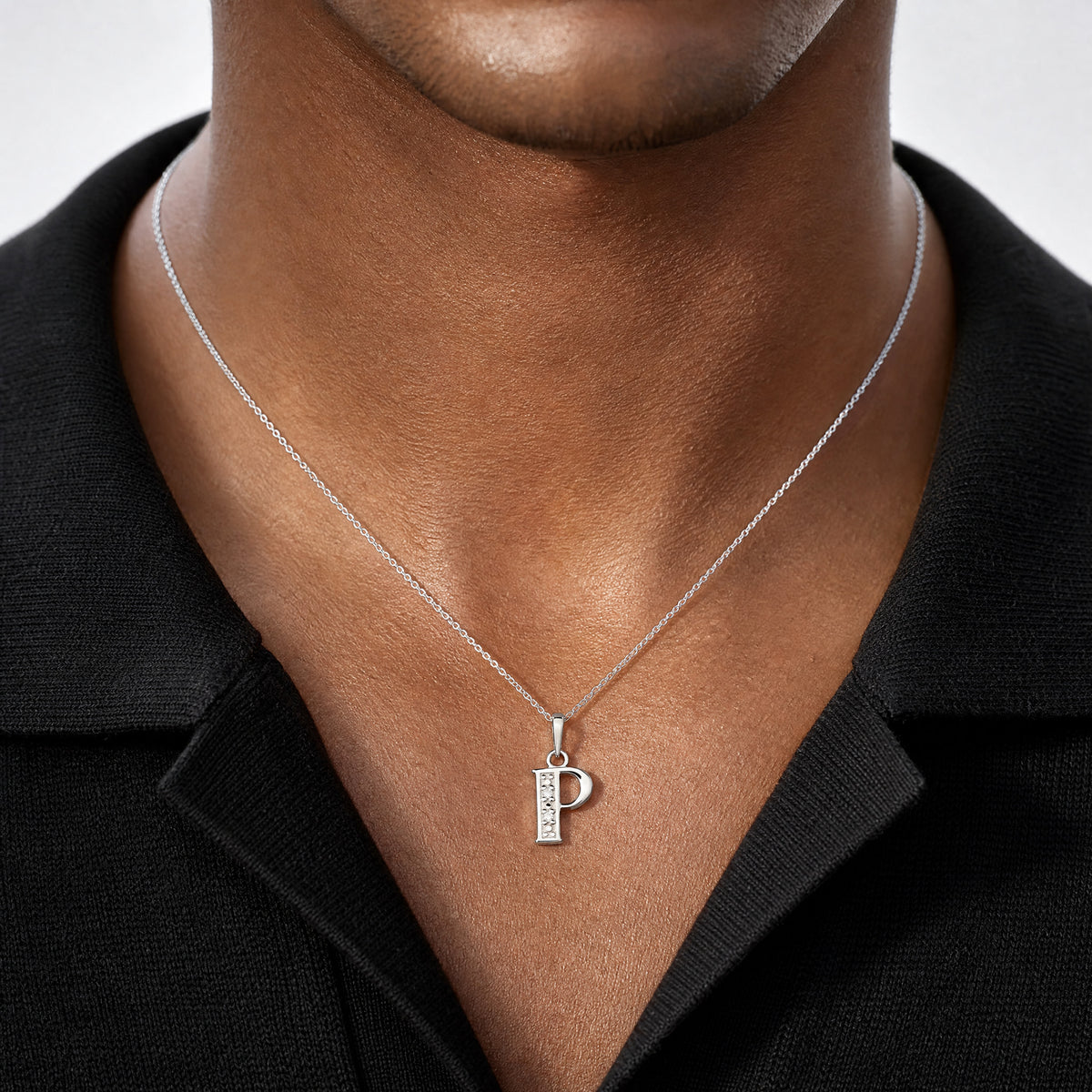 14K White Gold Diamond Letter P Initial Pendant - Model Shot