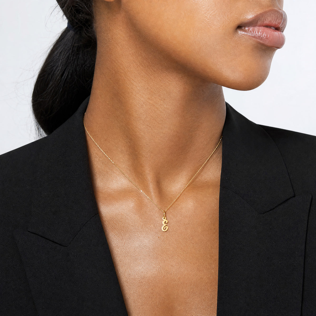 14K Small Script Letter E Initial Charm - Model Shot