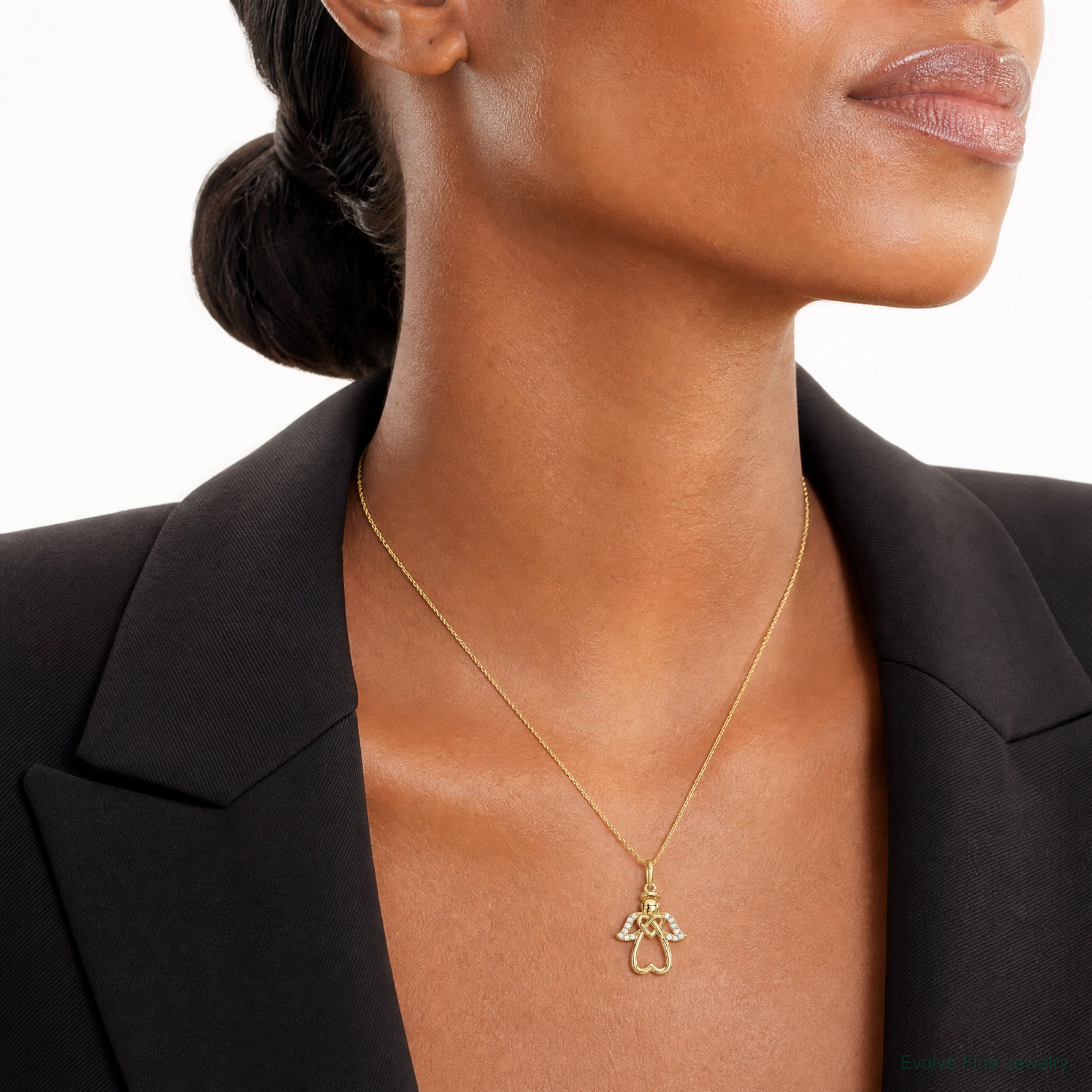 14k Polished CZ Angel Pendant - Model Shot
