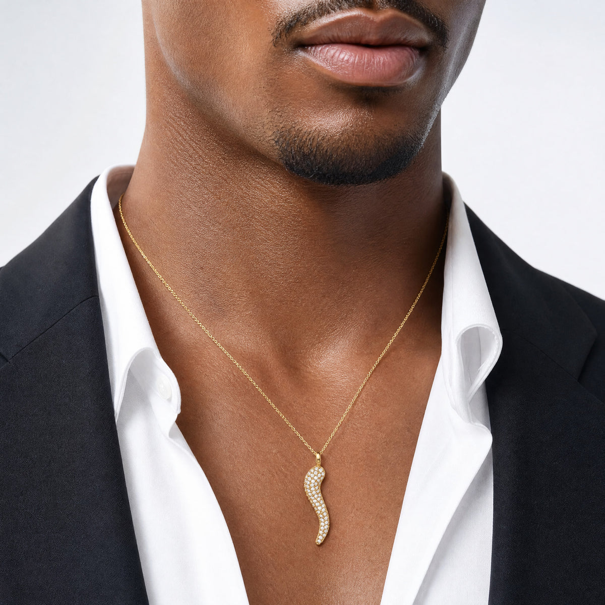 14k Polished CZ Large Italian Horn Pendant - Model Shot