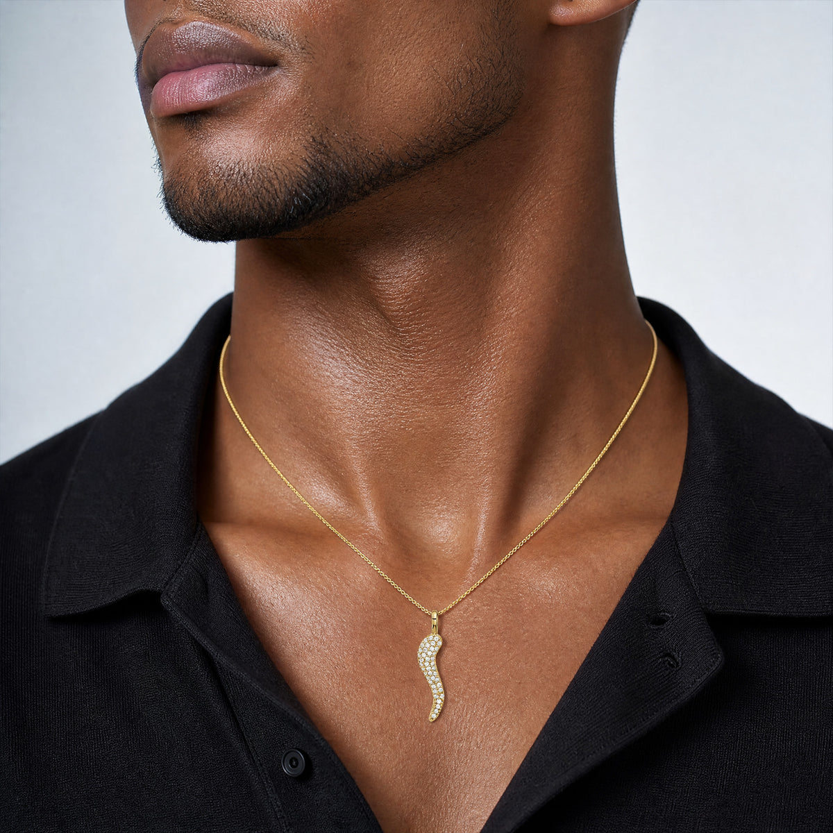 14k Polished CZ Small Italian Horn Pendant - Model Shot