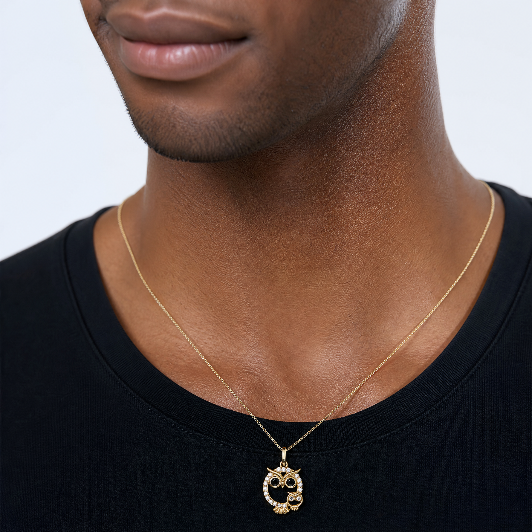 14K Polished Black and White CZ Mommy and Baby Owl Pendant - Model Shot