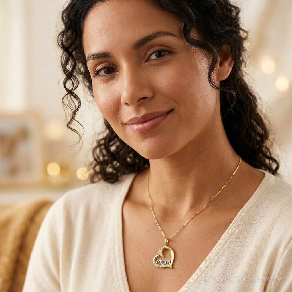 14k and Rhodium-Plated Polished CZ Mom Heart Pendant - Model Shot