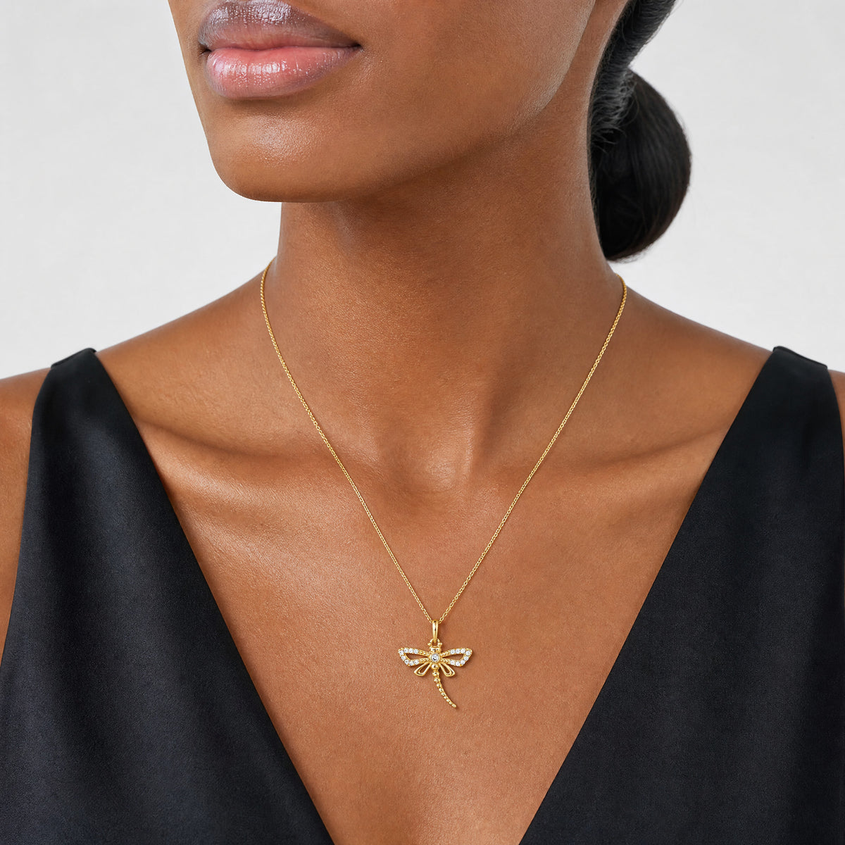 14k Polished and Beaded CZ Dragonfly Pendant - Model Shot