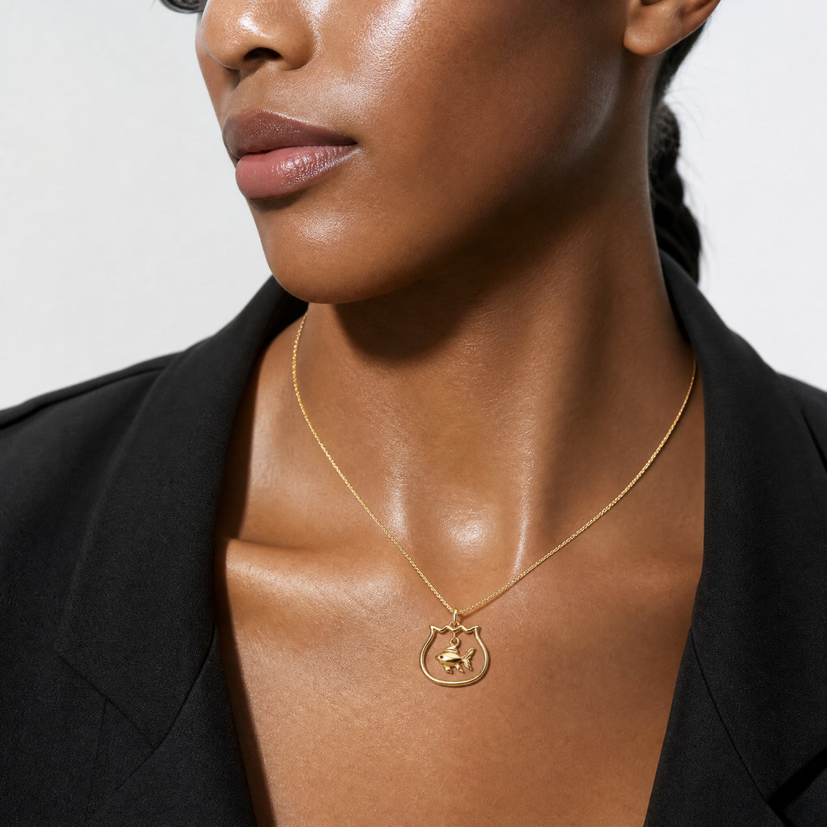 14k Polished Fish Bowl with Dangling Fish Pendant - Model Shot