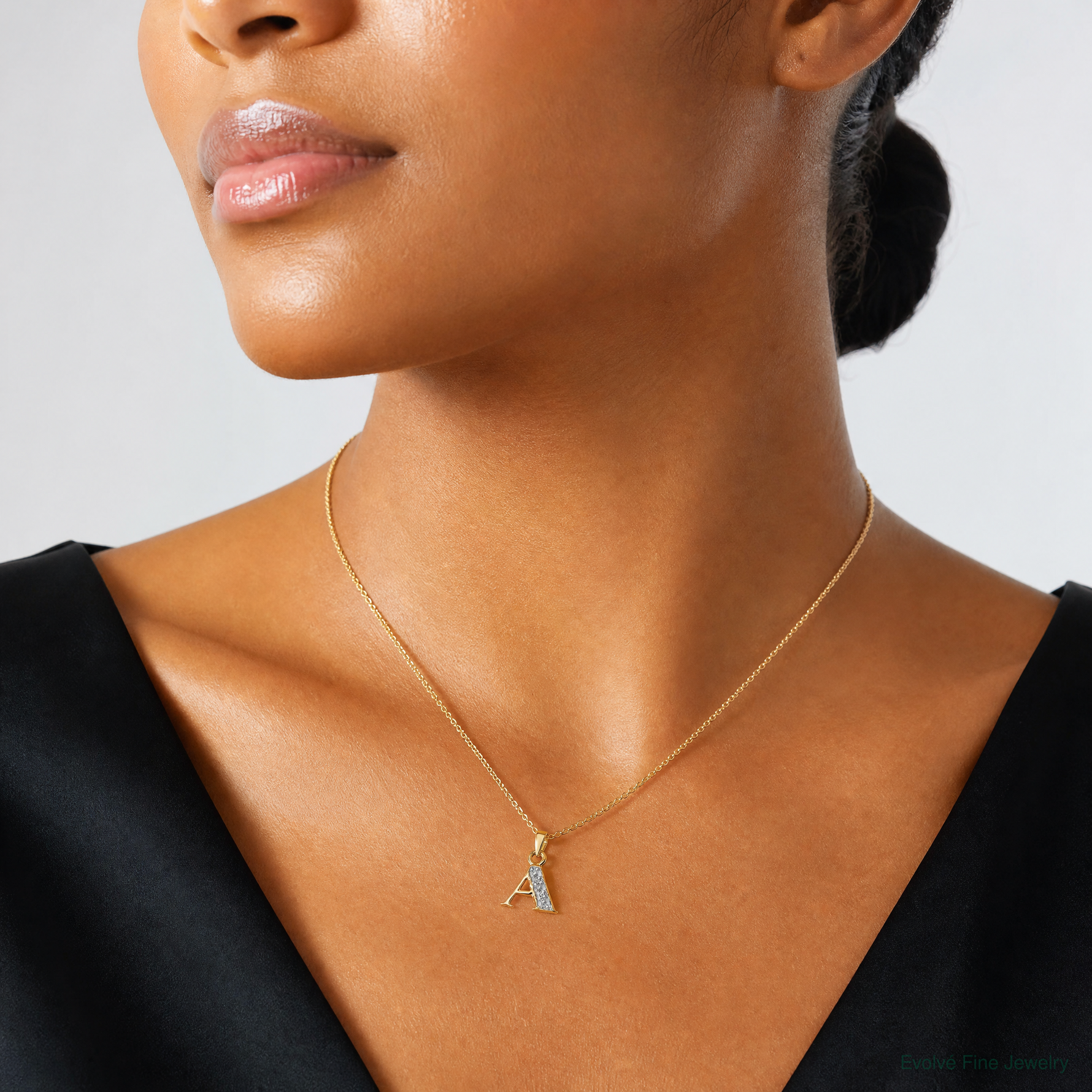 14KY with Rhodium Diamond Letter A Initial Pendant - Model Shot