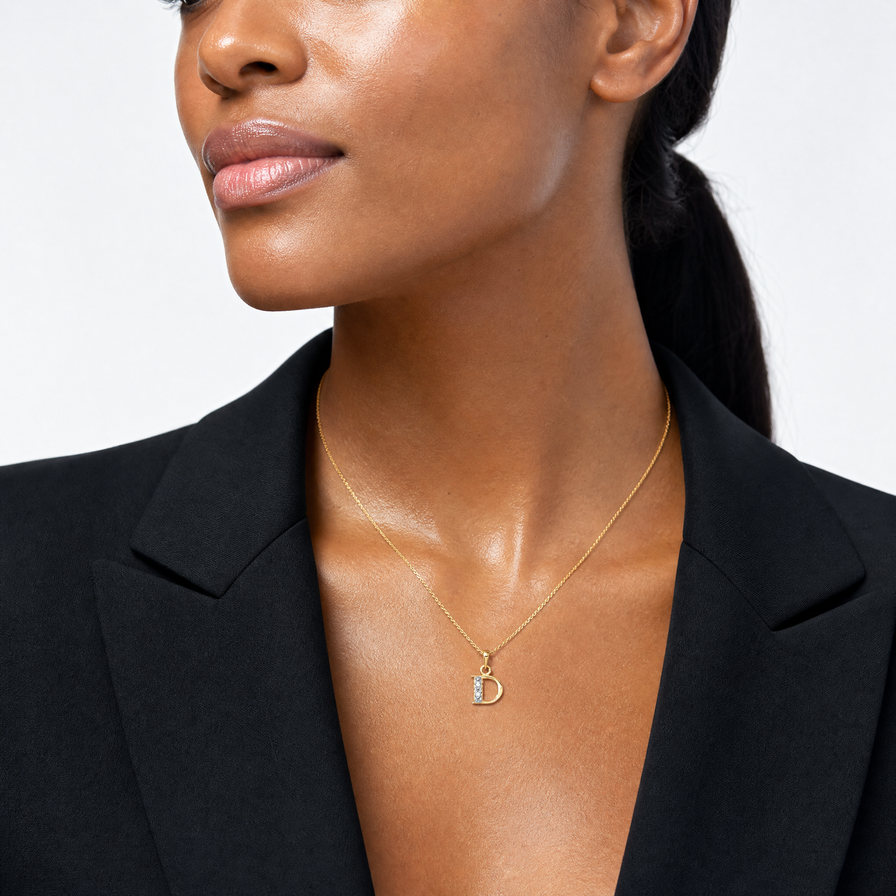 14KY with Rhodium Diamond Letter D Initial Pendant - Model Shot