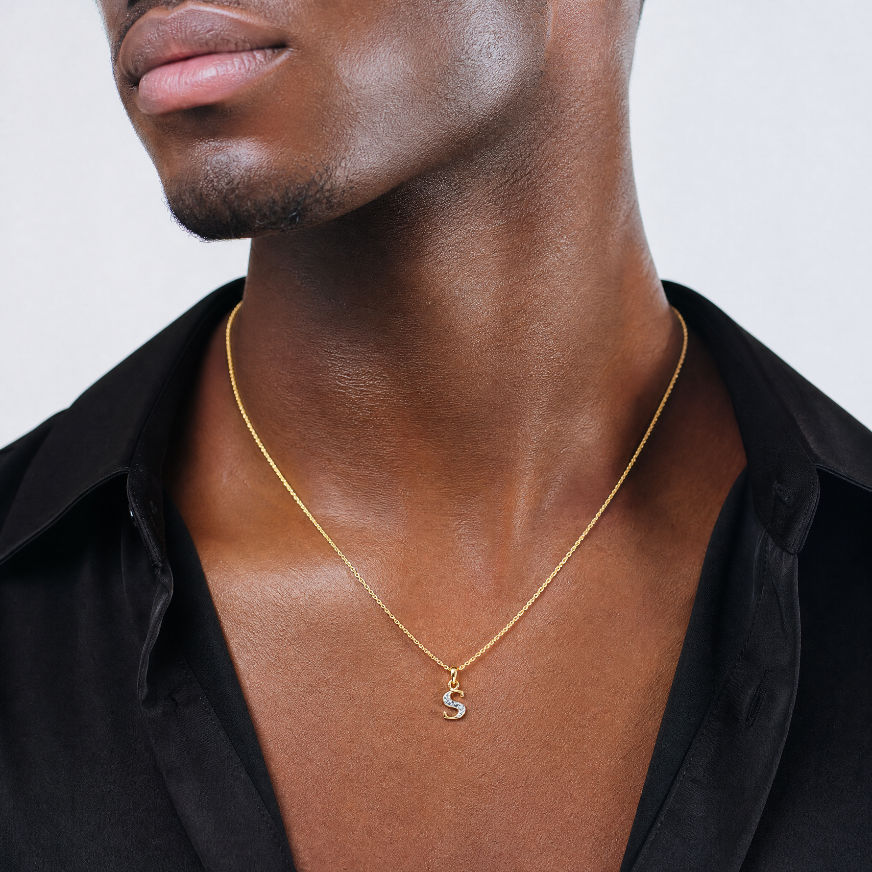 14KY with Rhodium Diamond Letter S Initial Pendant - Model Shot