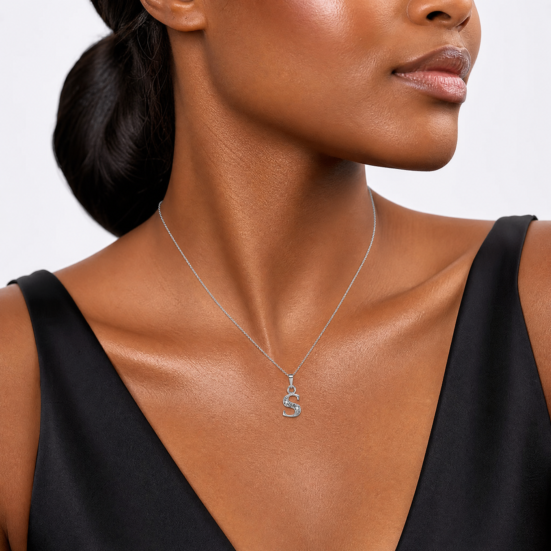 14KW Rhodium-plated Diamond Letter S Initial Pendant - Model Shot