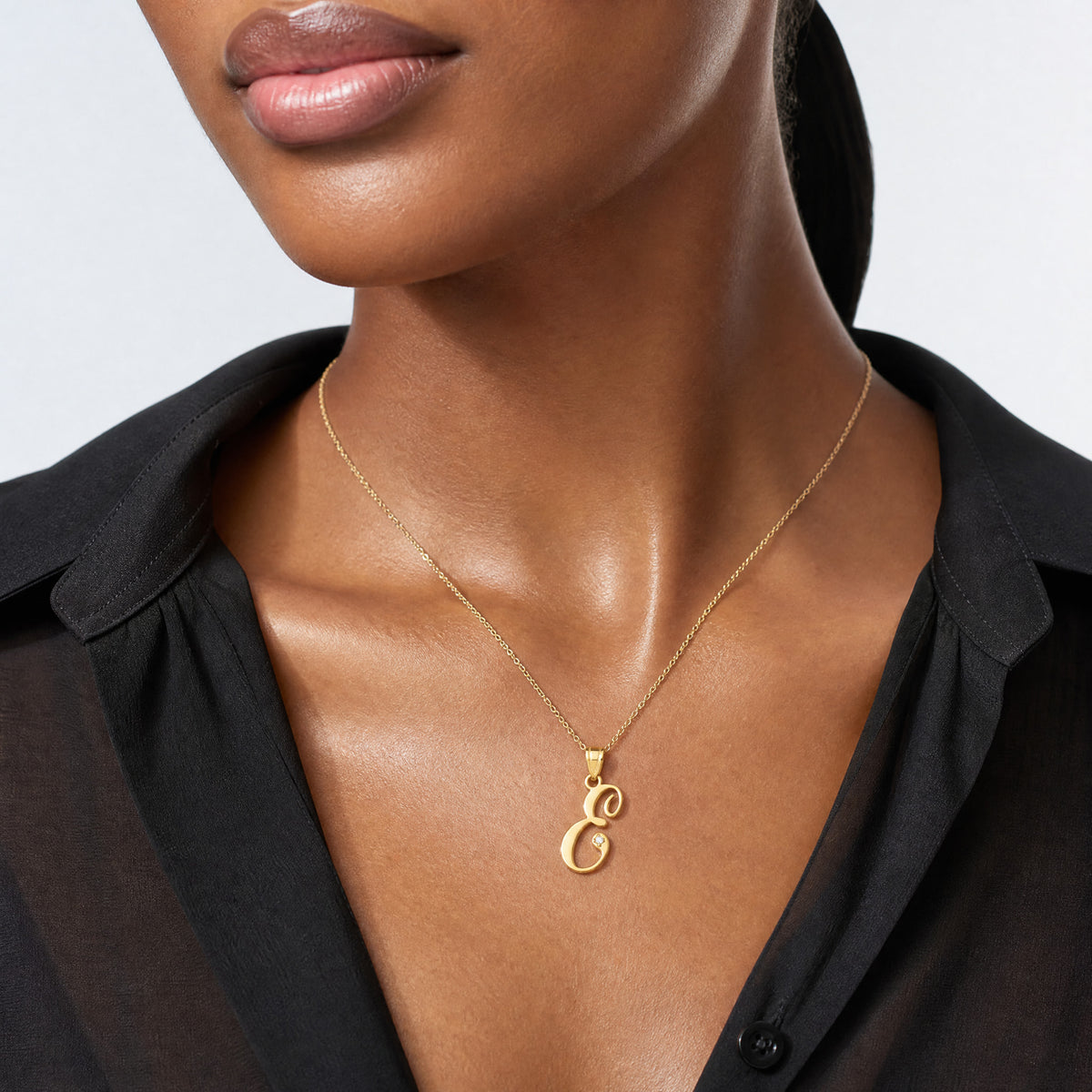 14KY Script Letter E Initial Pendant with Diamond - Model Shot