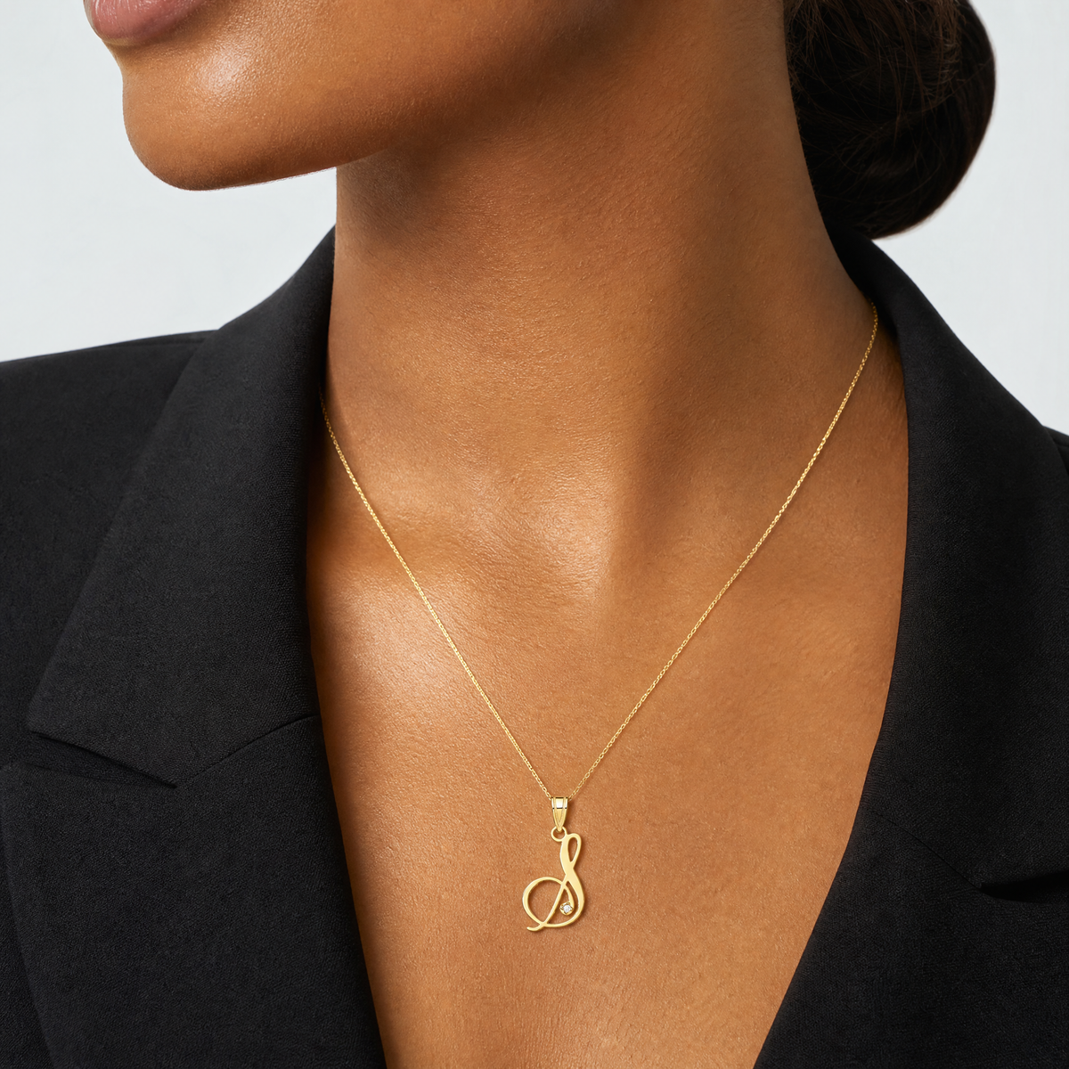14KY Script Letter S Initial Pendant with Diamond - Model Shot