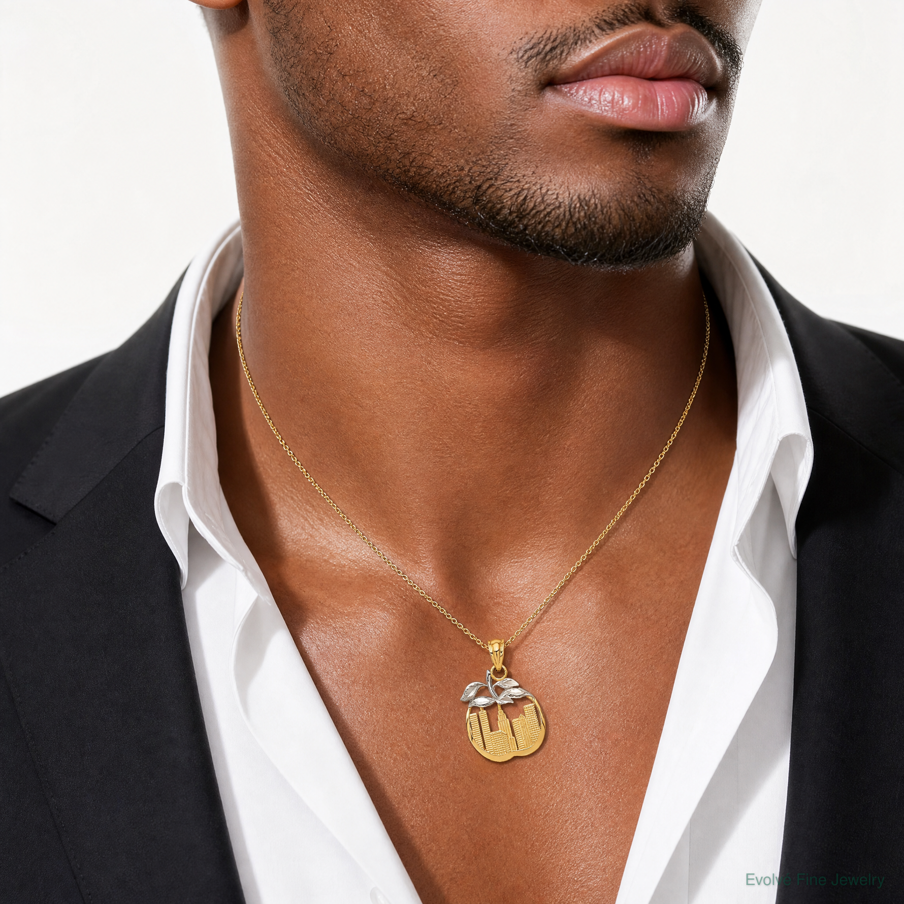 14k with White Rhodium Cut-out New York Skyline in Apple Pendant - Model Shot
