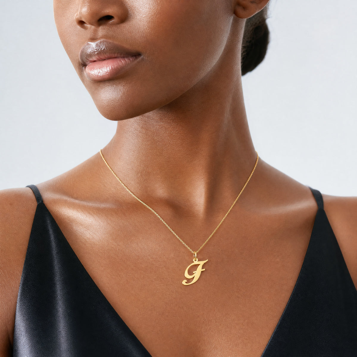 14K Medium Fancy Script Letter F Initial Charm - Model Shot