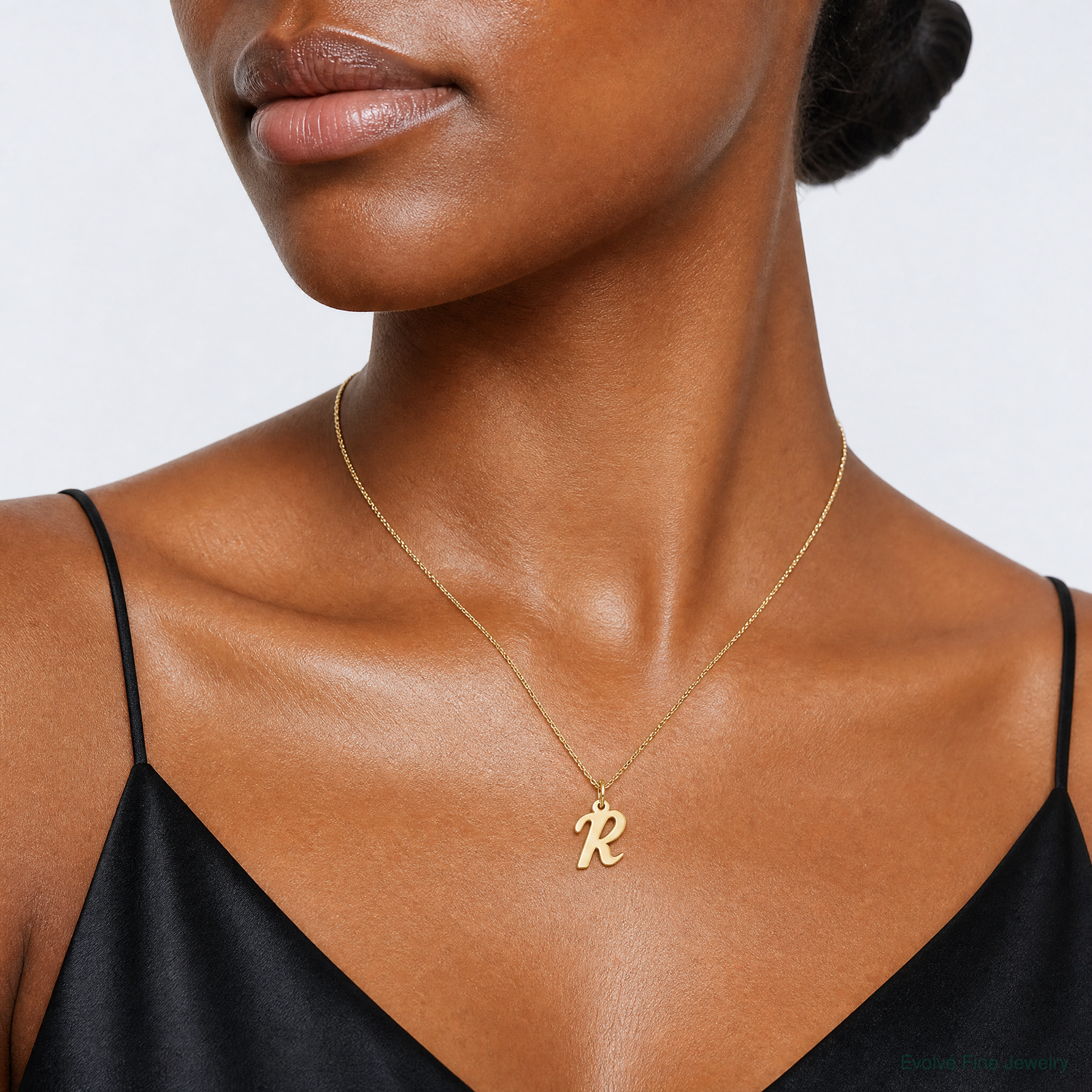 14k Small Script Letter R Initial Charm - Model Shot