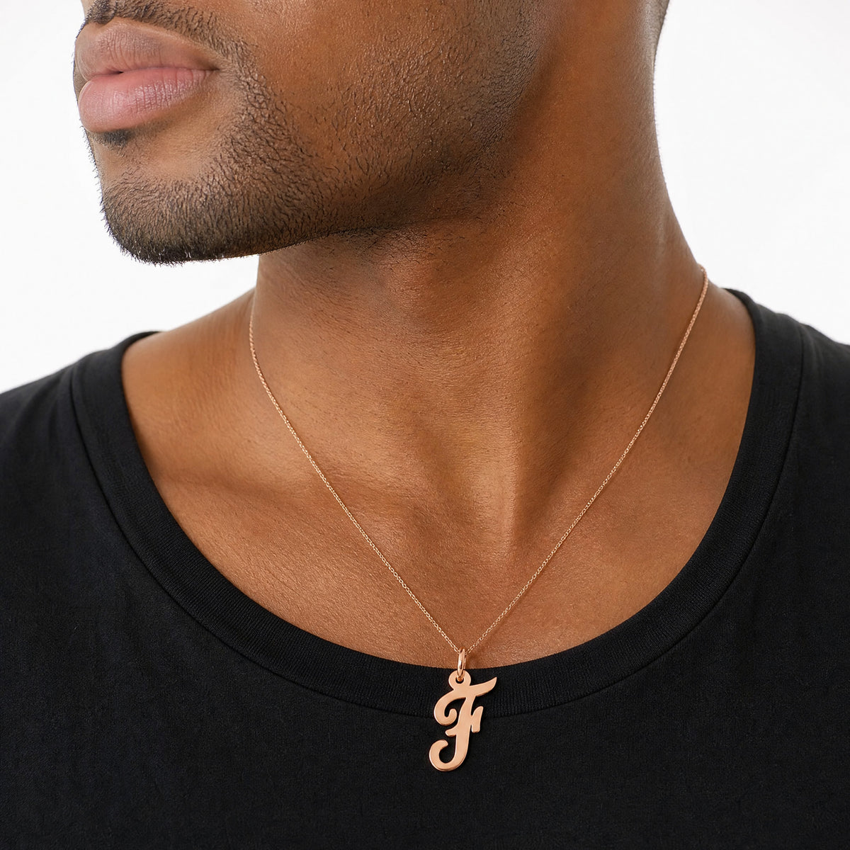 14k Rose Gold Small Script Letter F Initial Charm - Model Shot