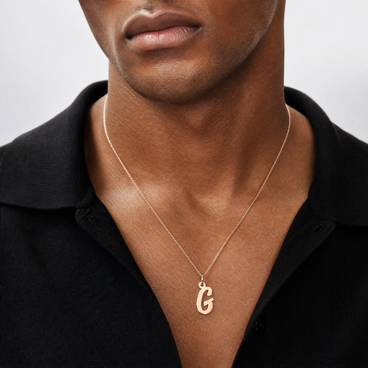 14k Rose Gold Small Script Letter G Initial Charm - Model Shot