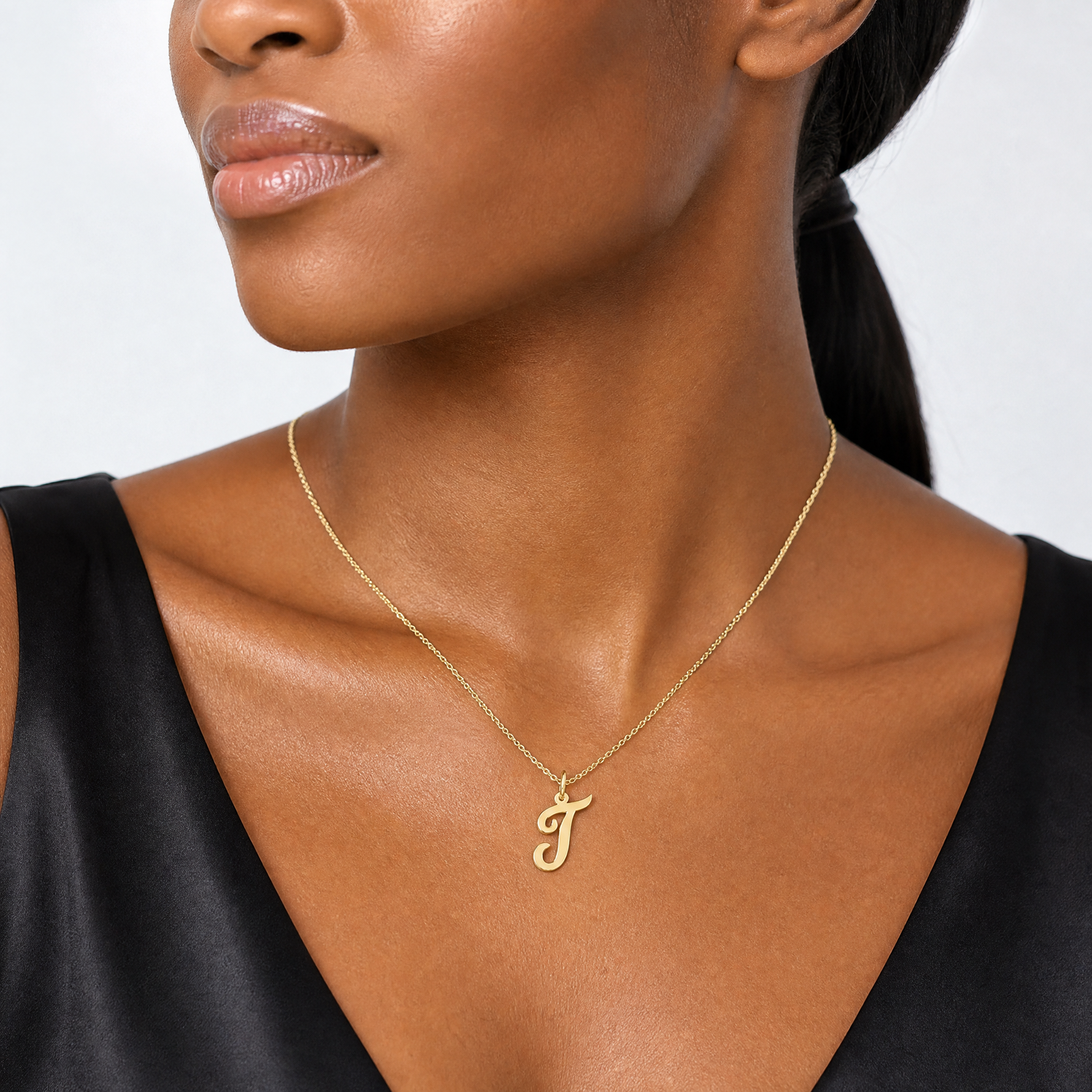 14k Medium Script Letter T Initial Charm - Model Shot
