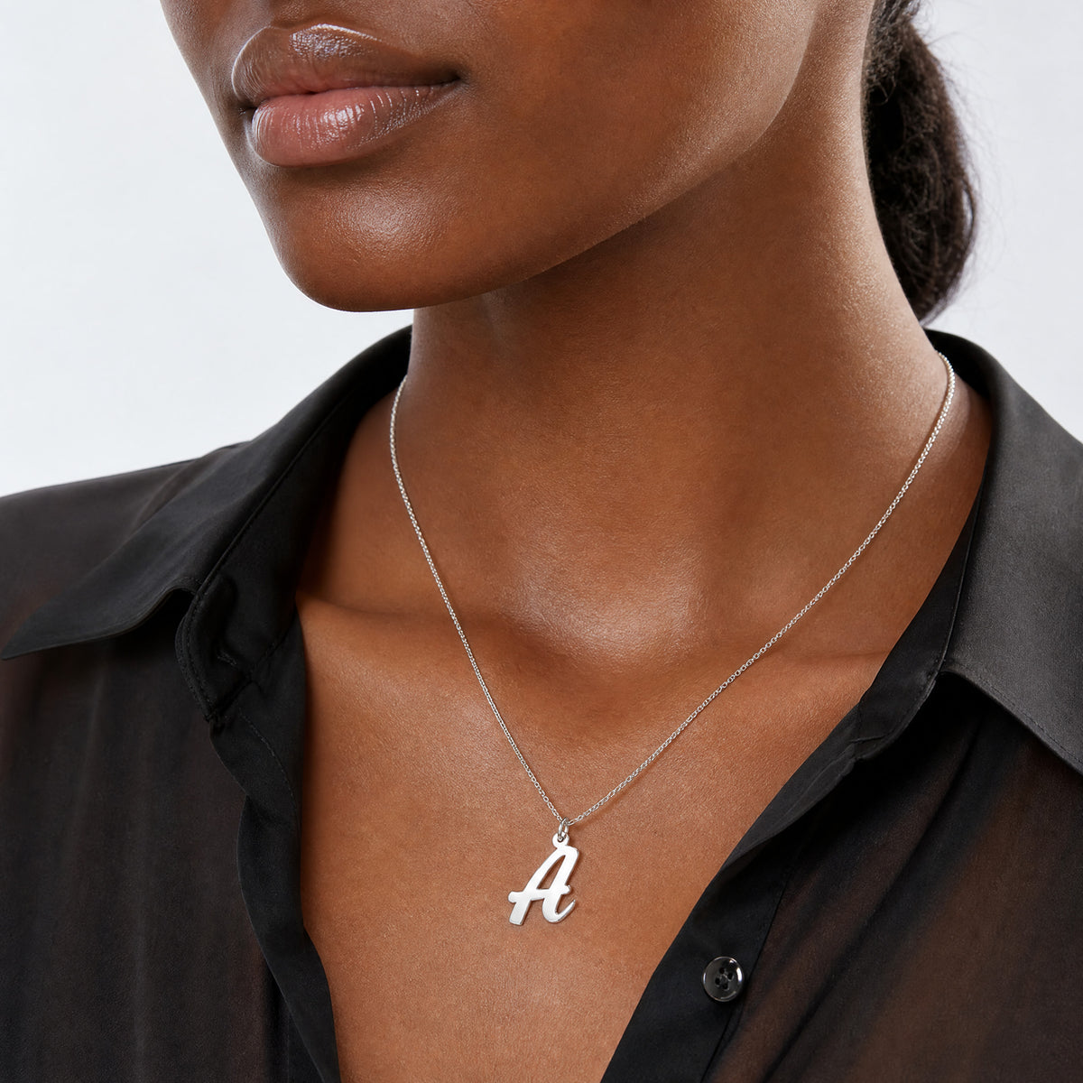 14k White Gold Medium Script Letter A Initial Charm - Model Shot
