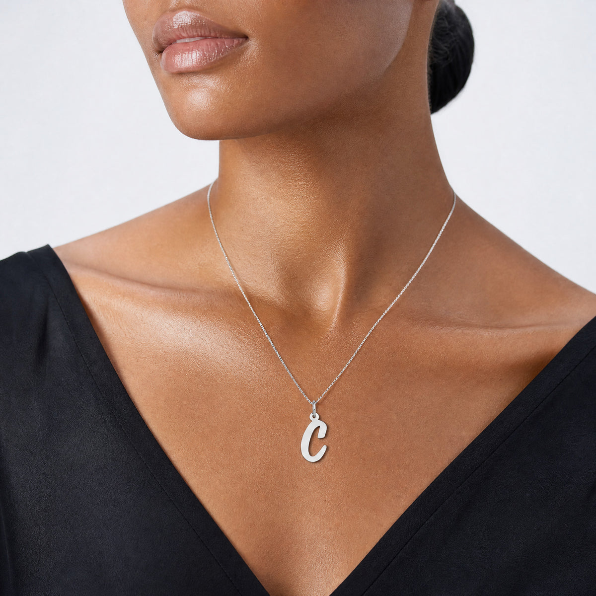 14k White Gold Medium Script Letter C Initial Charm - Model Shot