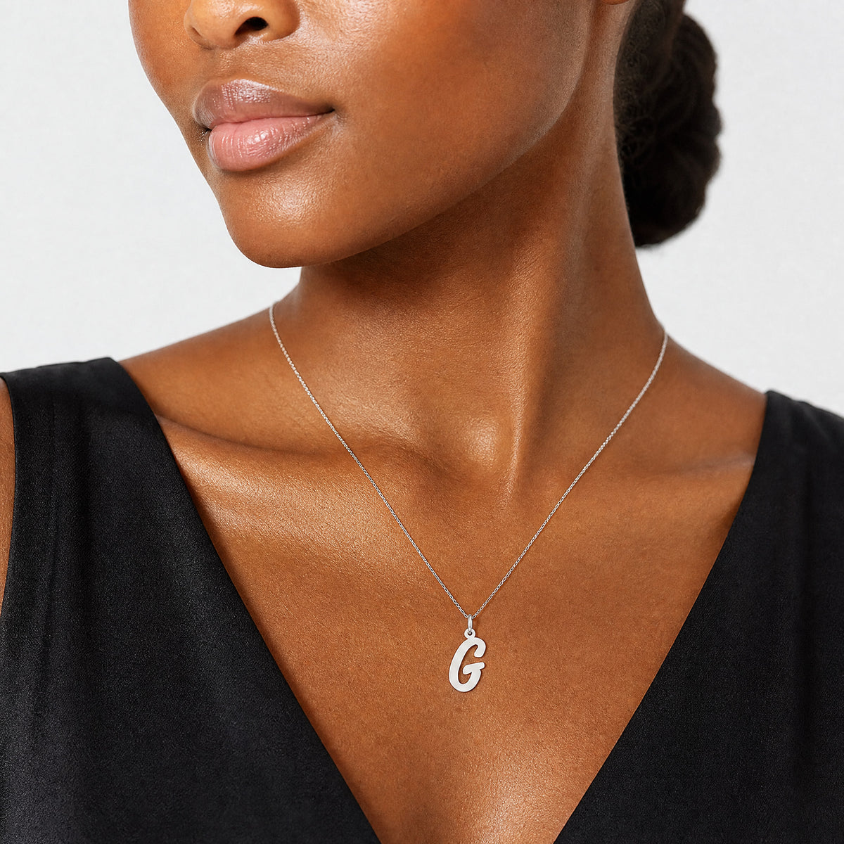 14k White Gold Medium Script Letter G Initial Charm - Model Shot