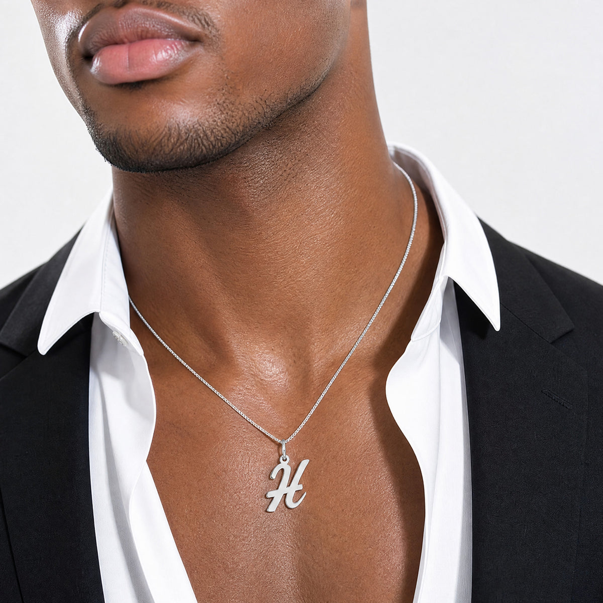 14k White Gold Medium Script Letter H Initial Charm - Model Shot
