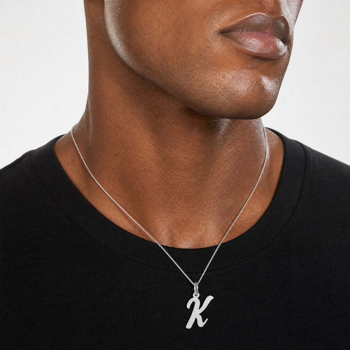 14k White Gold Medium Script Letter K Initial Charm - Model Shot