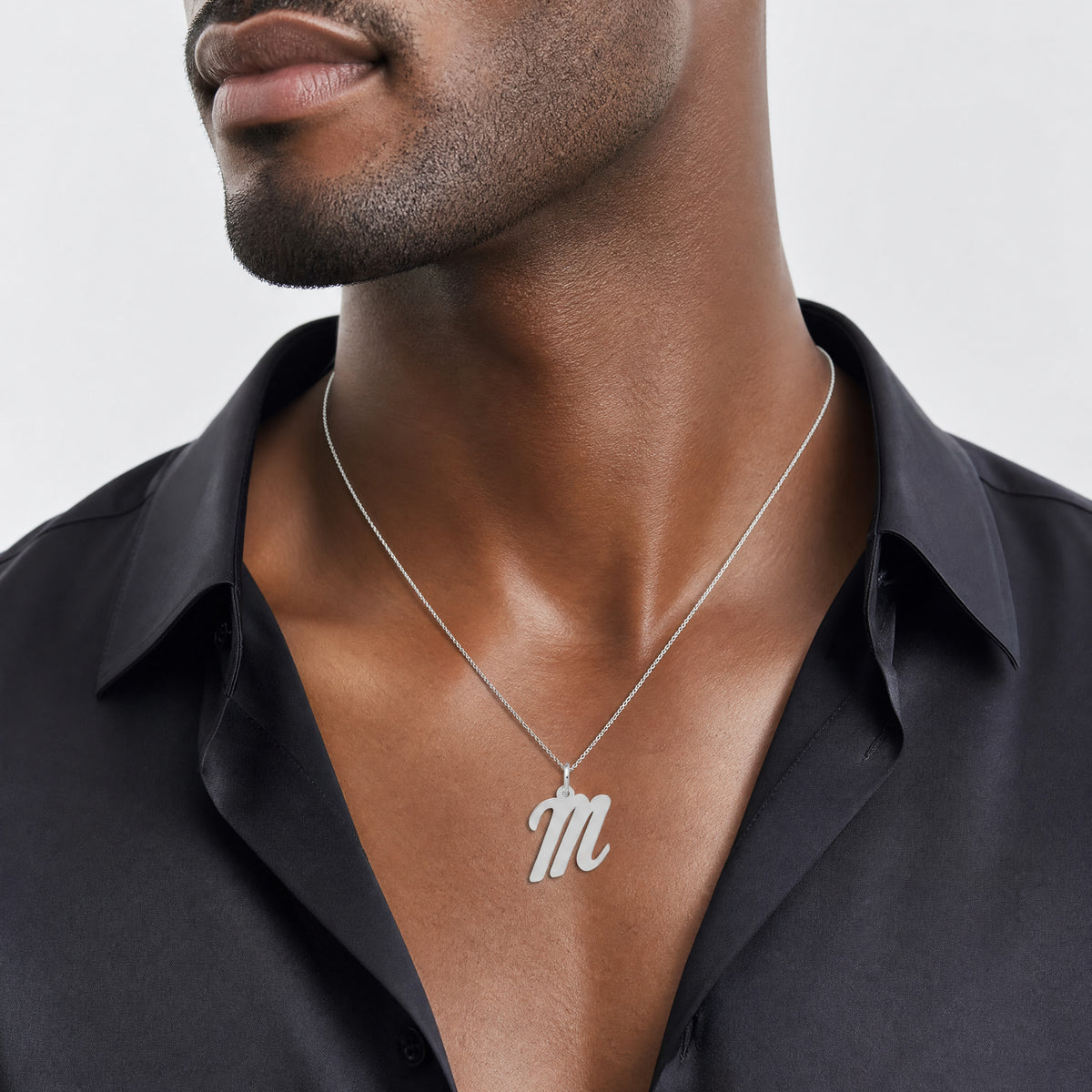 14k White Gold Medium Script Letter M Initial Charm - Model Shot