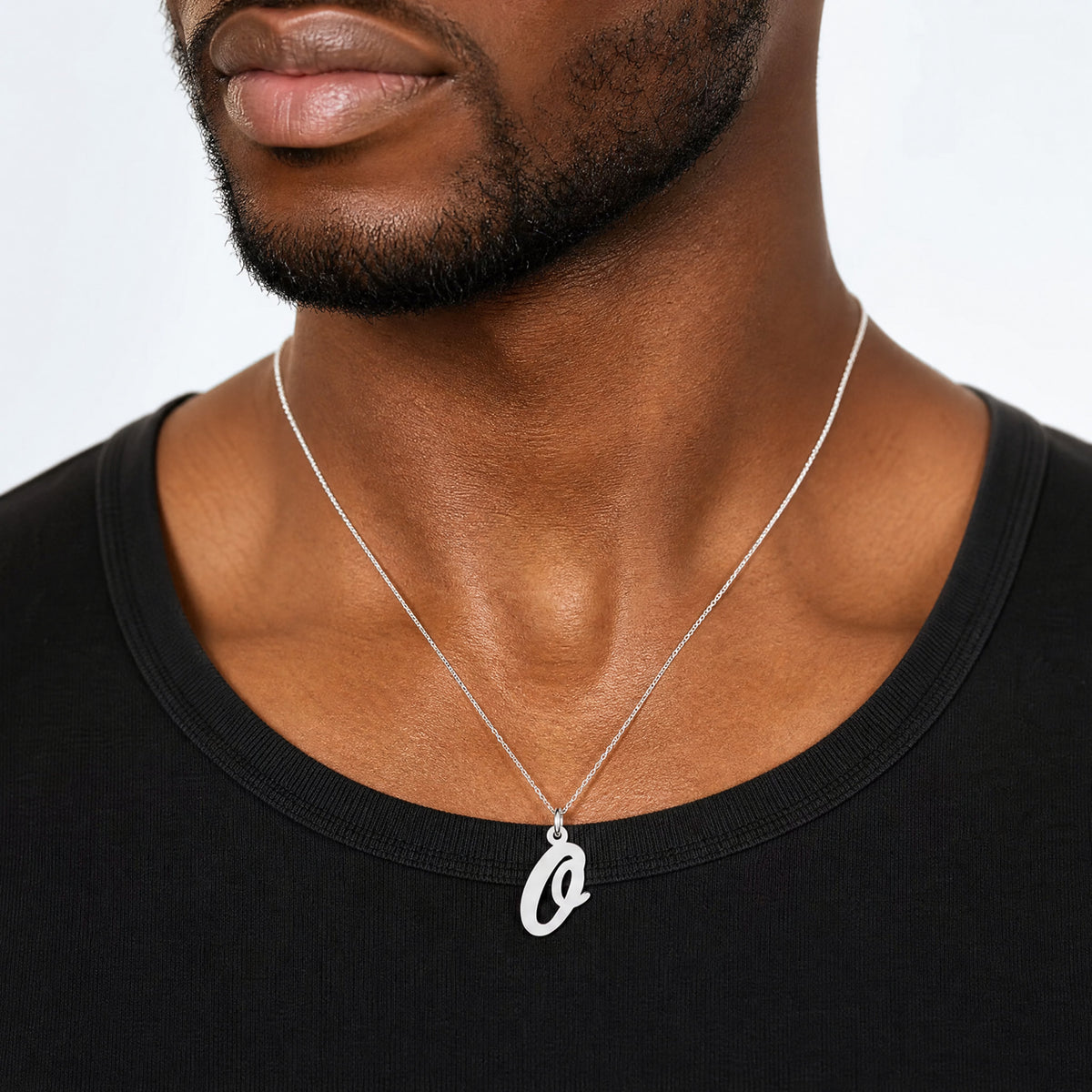 14k White Gold Medium Script Letter O Initial Charm - Model Shot